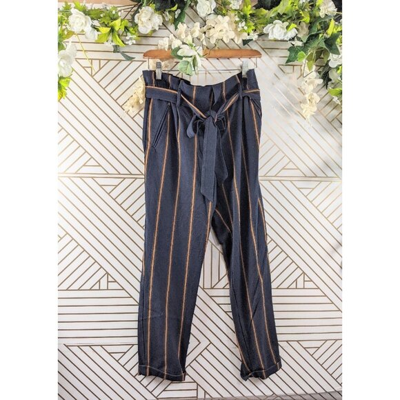 ZARA TRAFALUC Women's Striped Belted Pants Navy Blue Size Small - Picture 1 of 8